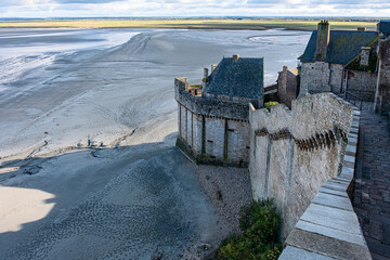 View of quicksand on the coast from Abbey Mont Saint Michel. Normandy, France