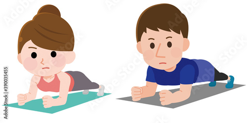 プランク 体幹トレーニングをする男女 斜め向き イラスト Wall Mural こけ田