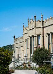 View of the Vorontsov Palace built in Moorish style in 19th century near the Crimean Mountains for earl Vorontsov in Alupka, Russia