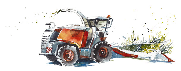 Agricultural machines. Watercolor hand drawn illustration