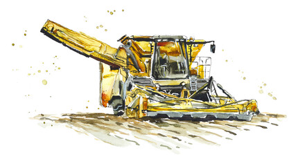 Agricultural machines. Combain. Watercolor hand drawn illustration - 390037016
