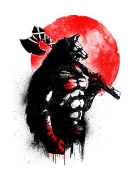A blody berserker with a wolfskin on his head stands with an ax on his shoulder against the background of a red moon. stylized ink drawing. 2D illustration