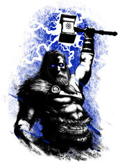 God Thor raises his hand, he holds a hammer and throws lightning. He has a naked torso. His eyes are sparkling, his face is stern. Fur on the shoulder. he is on a blue background. 2d illustration - obrazy, fototapety, plakaty