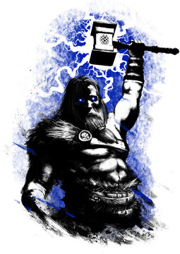 God Thor raises his hand, he holds a hammer and throws lightning. He has a naked torso. His eyes are sparkling, his face is stern. Fur on the shoulder. he is on a blue background. 2d illustration