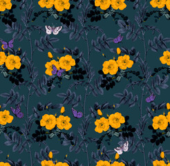 Obraz premium Botanical Leaves Flowers and Butterflies Seamless Pattern Floral Garden Concept Trendy Fashion Colors Elegant Design