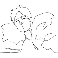 sleepy man lifted his head from the pillow. one line drawing of a sound asleep man suddenly woke up and looked
