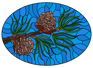 Illustration in stained glass style with a branch of larch, cones and needles on a branch on a blue background, oval image