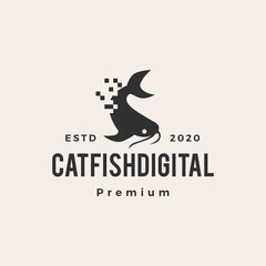 digital pixel catfish hipster vintage logo vector icon illustration
