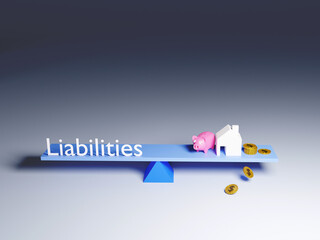 3D rendering of a balance sheet with assets and liabilities on libra.  Risk and Liability.