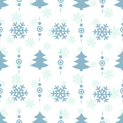 Fototapeta na wymiar Vector seamless pattern with snowflakes and Christmas trees; for wrapping paper, greeting cards.