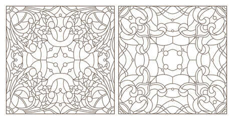 Obraz premium Set contour illustrations of stained glass with abstract swirls and flowers , square image, dark outlines on a white background