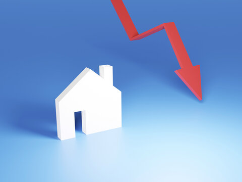  The concept of low cost real estate. Reducing demand for home buying.  Real estate houses and a red arrow down. 3D rendering