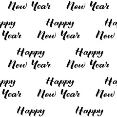 Lettering Happy New Year seamless pattern. Black font on a white background. Vector illustration.