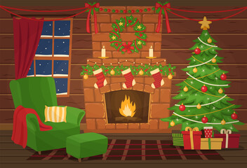 Christmas interior. Decoration. Armchair and christmas tree near the fireplace.