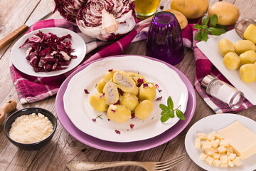 Potato gnocchi stuffed with radicchio and ricotta.