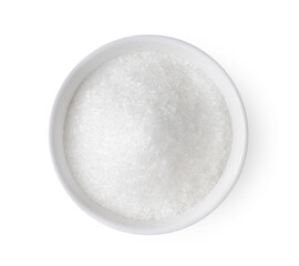 Close-up Monosodium glutamate ( MSG ) in white bowl on white background. Top view