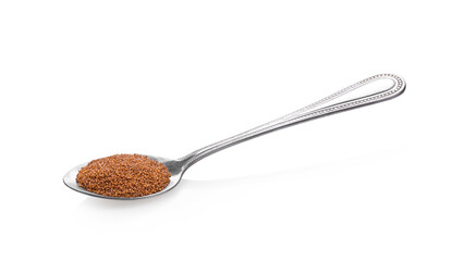 Brown Teff Grain in spoon on white background