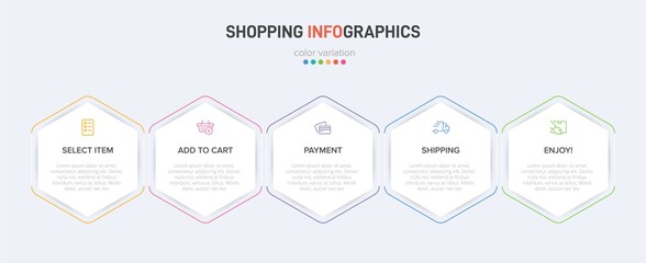 Concept of shopping process with 5 successive steps. Five colorful graphic elements. Timeline design for brochure, presentation, web site. Infographic design layout.