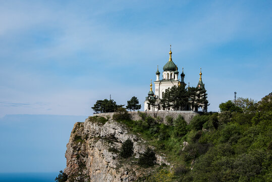 Orthodox Church of the Resurrection built at an altitude of 412 meters over the village of Foros in 1892 on the Red Rock cliff. Monument of Russian architecture of the late XIX century