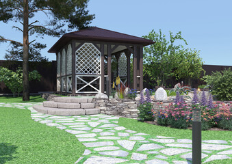 Garden design. Gazebo surrounded by plants near the pond. Garden plot. 3d rendering.