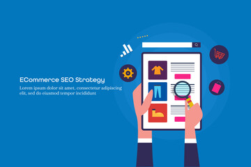 Ecommerce seo strategy, customer searching products on tablet screen with magnifying glass. Flat design web banner template.