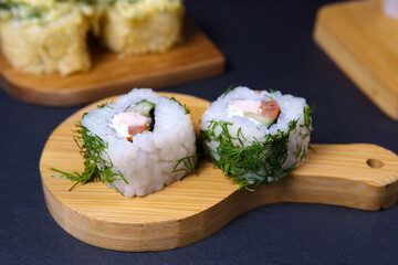 Sushi roll set with smoked eel, selective focus.