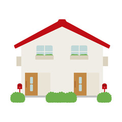 玄関が二つ付いた二世帯住宅の家のイラスト。