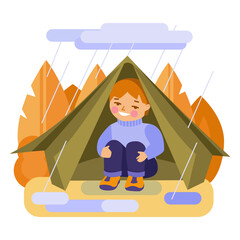 A boy in a tent is hiding from the rain. Vector illustration in flat style. Isolated on white.