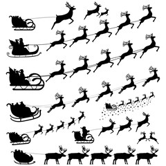 Santa claus flies with gifts on a sleigh in a reindeer sled for christmas and new year. Vector illustration for the holiday