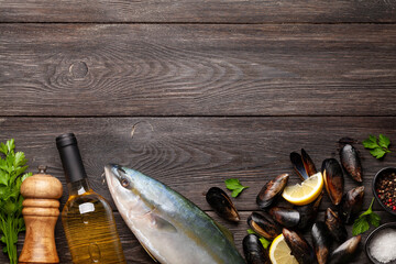 Raw fish cooking. Seafood and wine