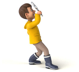 Fun 3D Illustration of a cartoon kid with rain gear