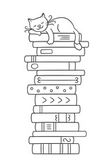 A stack of books with a sleeping cat. Cute kitty sleeping on books pile. Vector illustration in doodle style on white background
