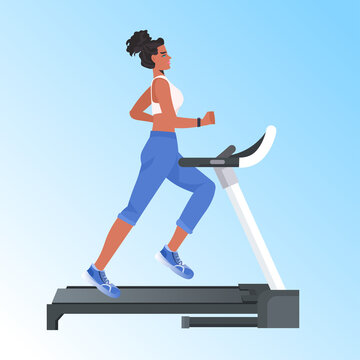 woman running on treadmill african american girl doing fitness exercises training healthy lifestyle concept full length vector illustration