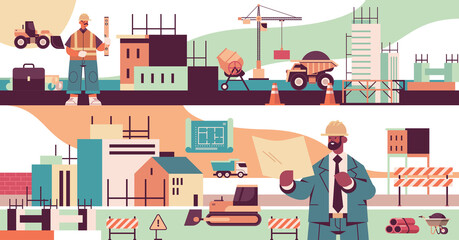 Naklejka premium architect and engineer in uniform mix race builders working on construction site horizontal vector illustration