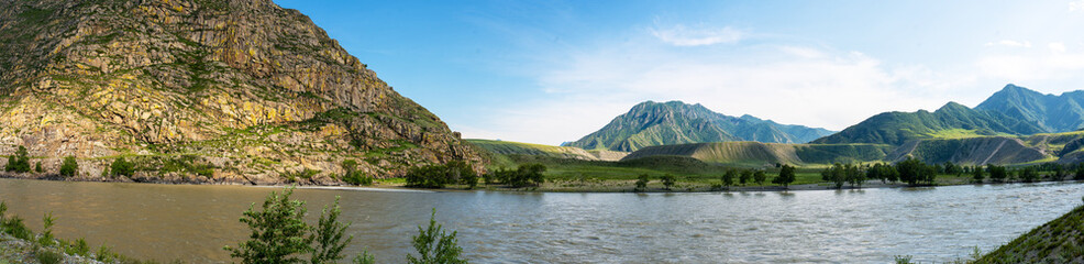 panoramic landscape with Altay mountains and the Katun river