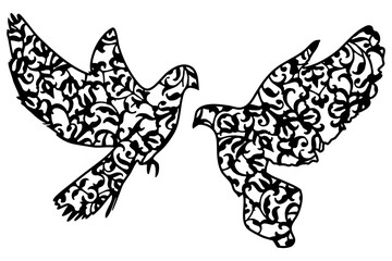 Fototapeta na wymiar Doves silhouettes with ornament. Basis graphics for paper cut on white background