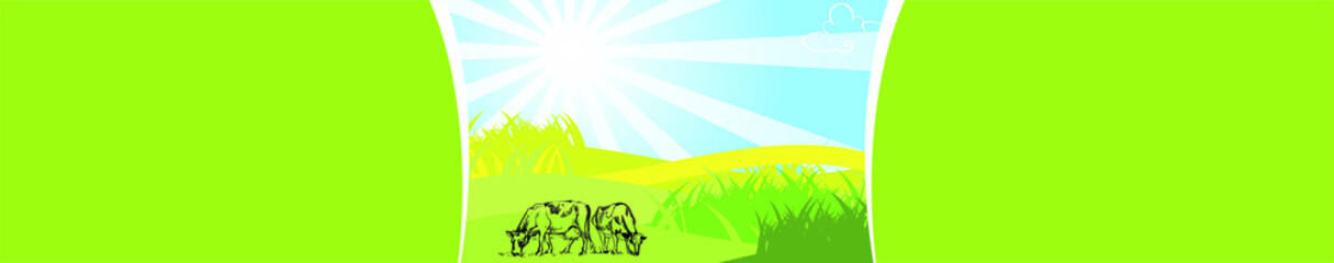 Obraz premium Digital vector abstract background set with forest and sea shores and a boat on water, Vector milk round label template. Milk splash vector illustration on a green SKY BLUE background.