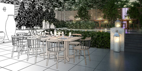 Ready for Dinner: Garden Restaurant (illustration) - panoramic 3d visualization