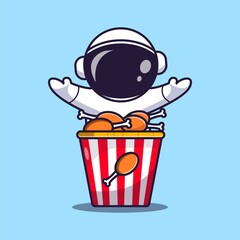 cute astronaut and fried chicken, astronaut cartoon illustration.