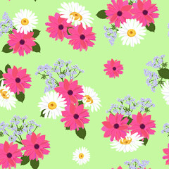 Dahlias and chamomile. Seamless vector illustration on a green background.