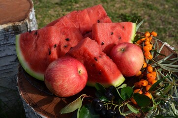 Натюрморт, арбуз, яблоко, красота, вкусно, красиво