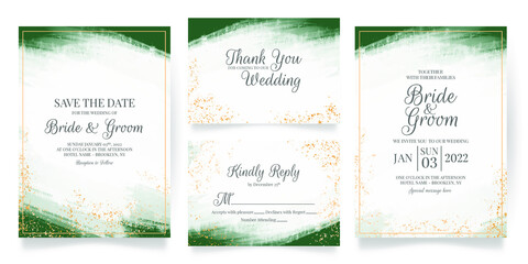 wedding invitation card template set with abstrack watercolor background and tropical leaves