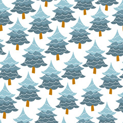 Obraz premium Christmas tree seamless pattern. Vector illustration in a childish hand-drawn Scandinavian style. Fir-tree forest. The pastel palette is ideal for printing packaging, fabrics, textiles.