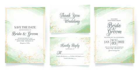 wedding invitation card template set with abstrack watercolor background and tropical leaves