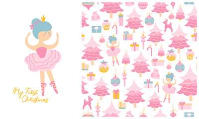 Ballerina, a Christmas tree, and gift boxes. Set of vector seamless pattern and illustration. My first christmas. Childish hand-drawn Scandinavian style. Limited pastel palette perfect for girly print