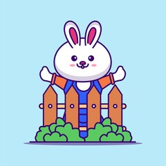 cute bunny having fun behind fence, surrounded by grass, animal themes, cartoon illustration, ep 10