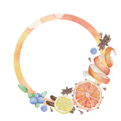 Round frame-wreath mulled wine, orange, berry, seasoning spices, watercolor