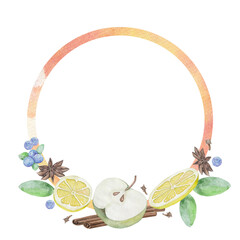 Round frame-wreath mulled wine, orange, apple, seasoning spices, watercolor