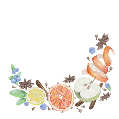 Round frame-wreath mulled wine, orange, berry, apple, seasoning spices, watercolor