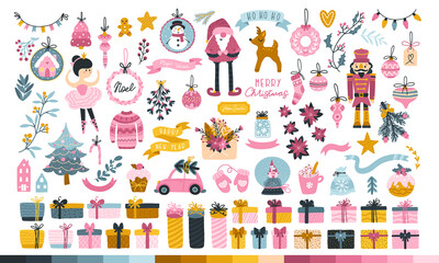 Big Christmas set for a princess. Cute characters, Santa, toys, Christmas tree, sweets and gifts. Cute palette of sweets. Vector illustration in childish hand-drawn Scandinavian style. Pastel palette.